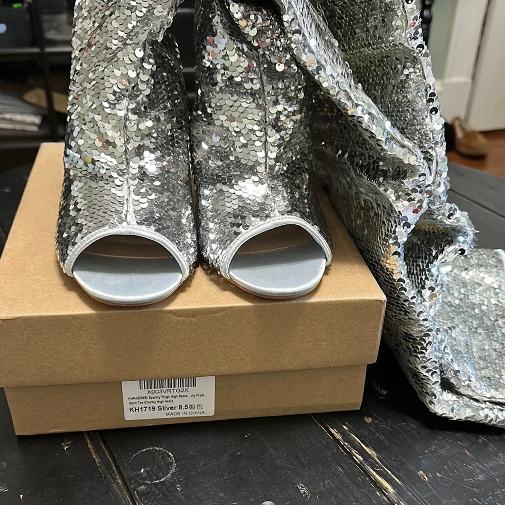 KHPAERMEI Sparkly Thigh High Open Toe Chunky High Heel Boots - Silver Sequin